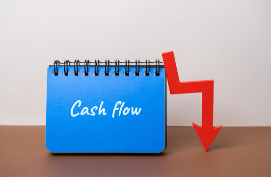 Cash flow and arrow down. Financial losses, reduced revenue, negative cash movement, business downturn, investment risk, and decreasing economic performance.