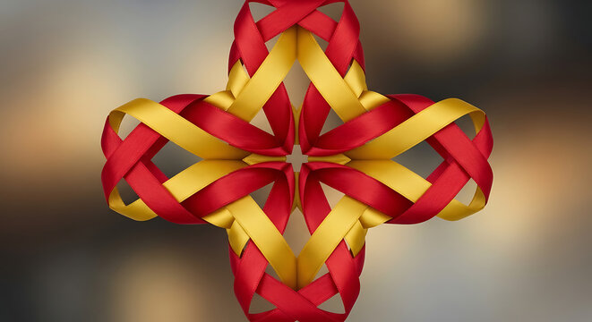 Intricate woven ribbon design in red and gold a symmetrical floral ornament yellow braided