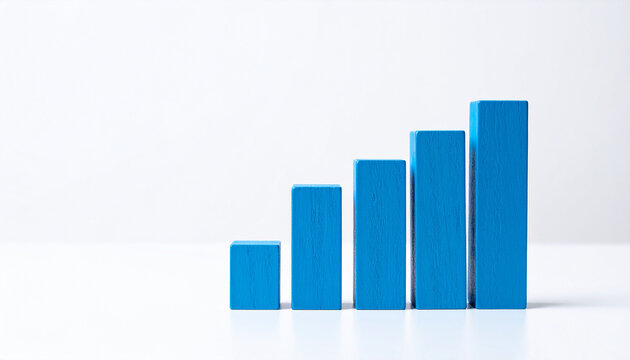 Minimal wooden blue bar chart with ascending bars on white background, business analytics and KPI improvement concept, financial growth visualization. Close-up.