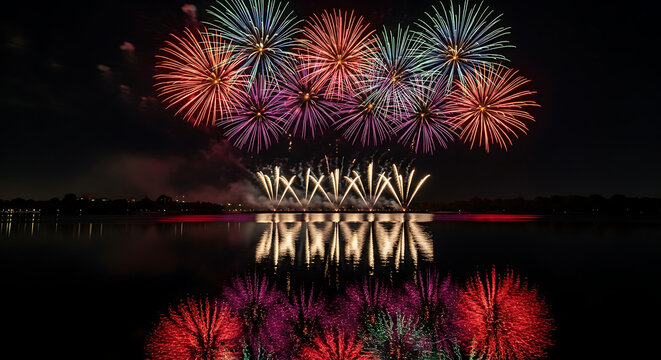 Colorful fireworks exploding over water at night with reflections creating a vibrant display pyrotechnics
