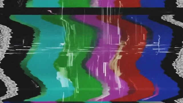 Static Interference: A vibrant television test pattern is distorted by digital glitches and analog static, creating a chaotic visual noise that disrupts the signal.