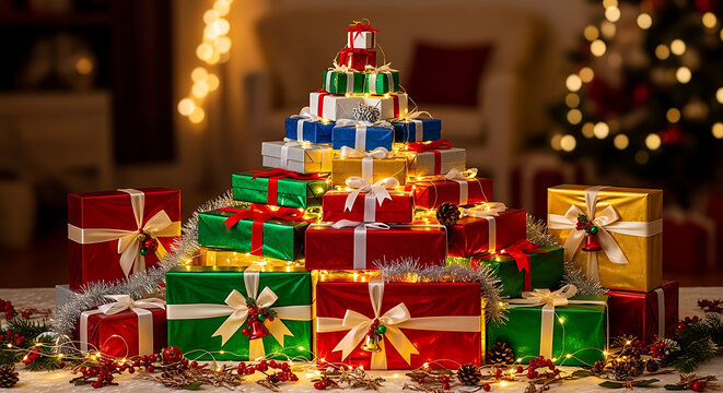 Stacked gift boxes with ribbons and bells a festive holiday scene with blurred lights