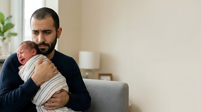 Father tenderly holding baby in cozy indoor setting