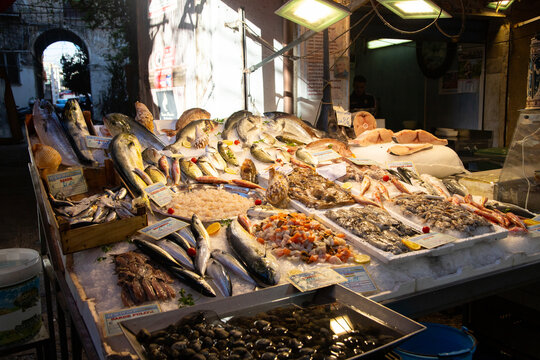 Fresh Mediterranean seafood display on ice at Ballar&ograve; Market Palermo