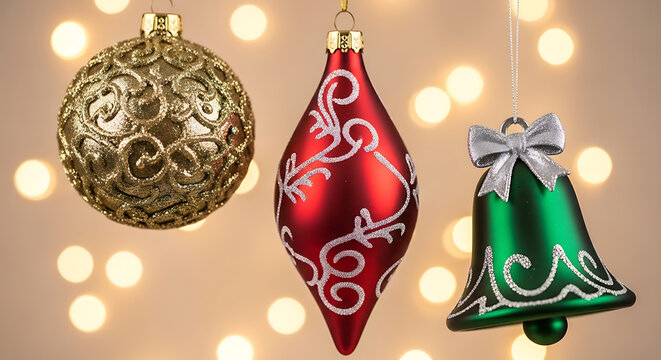 Gold red and green christmas ornaments hanging with decorative patterns against a blurred light background