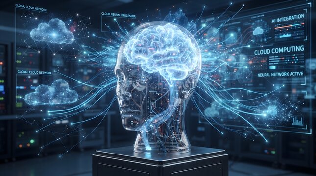 Futuristic AI Brain Hologram Connected to Cloud Computing Neural Network in Data Center