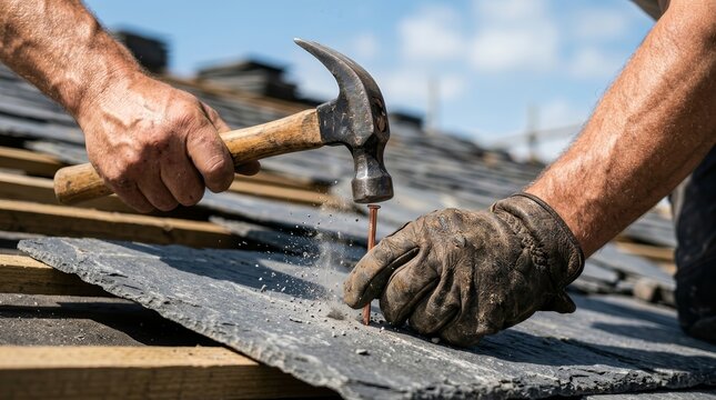 A skilled roofer installing slate tiles on a residential roof using a hammer and copper nail.