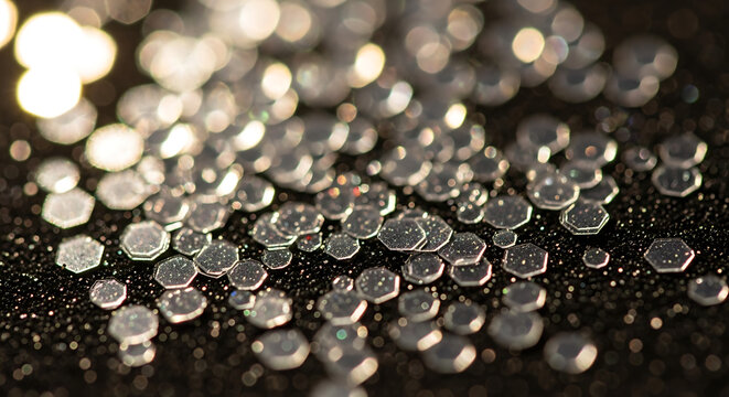 Hexagonal metallic objects with blurred bokeh lights a close up photographic composition shape small