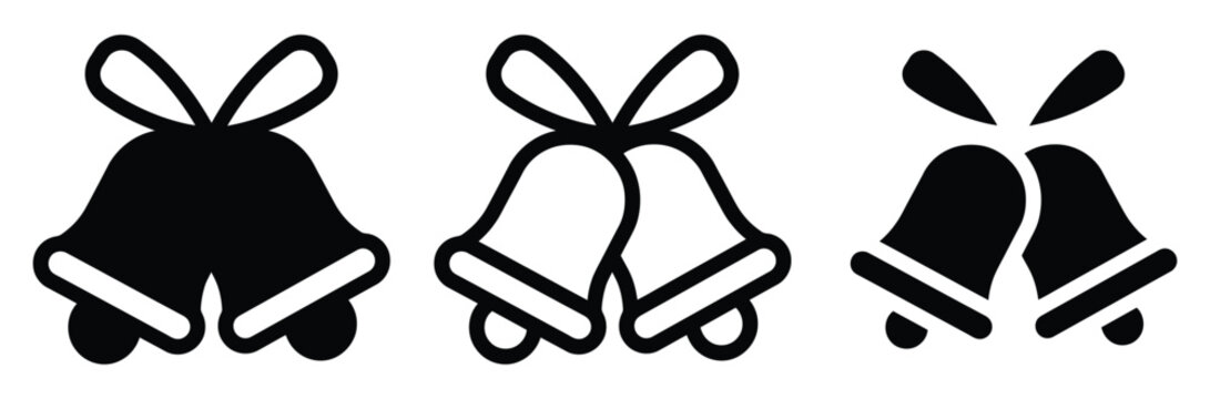Christmas bells icon set. Jingle bell pair symbol with ribbon bow for holiday celebration, winter season merry xmas decoration, school final ring, black and white vector outline illustration