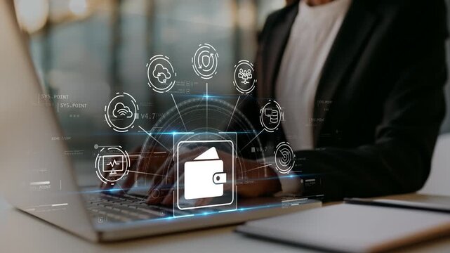 Female business professional in modern office using digital wallet icon for online payments, financial documentation, cashless transactions and modern digital payment solutions