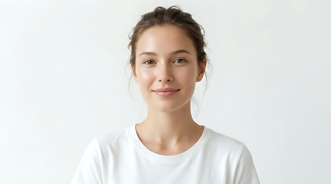 Portrait of woman with neutral expression against white background