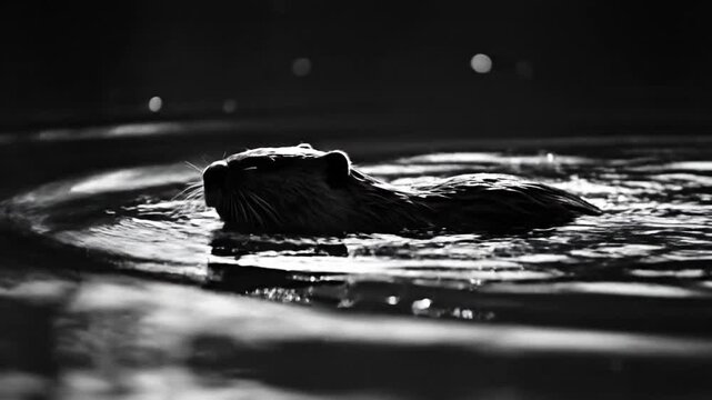 A grayscale photograph of a beaver swimming on a dark lake, with soft lights in the background