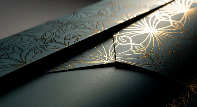 Intricate floral ornament pattern with gold foil accents on teal paper close up studio lighting