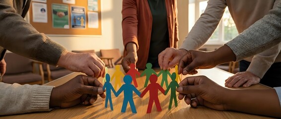 Obraz premium Diverse group of people joining hands around colorful paper cutout figures, symbolizing unity, teamwork, community support and collaborative partnership for charitable causes.