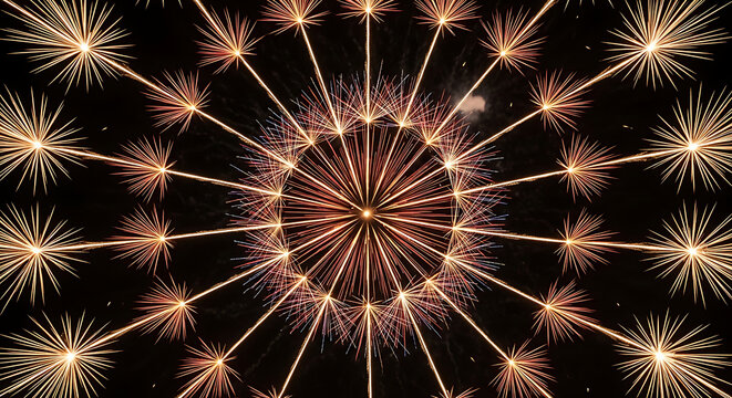 A vibrant display of fireworks exploding in a dark night sky radiating golden red light