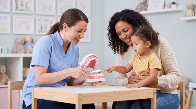 Pediatric dentist teaching mother and child oral hygiene in dental clinic, healthy teeth care, dental checkup and preventive treatment for children
