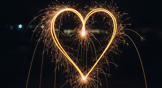 Sparkling heart shape created with light trails against a dark background illuminated celebration affection