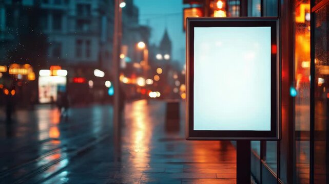 Illuminated urban sidewalk with reflections and glowing signs