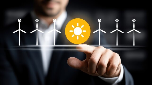 Businessman selecting renewable energy icons for wind and solar power generation technology concepts for sustainable business future