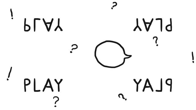 Question and exclamation marks, a speech bubble, and the word "play" in mirror images flash on the screen.