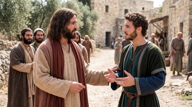 Jesus Christ teaching a young man about eternal life in a biblical street village setting. Religious scene depicting the encounter with the rich young ruler from Gospel of Matthew.