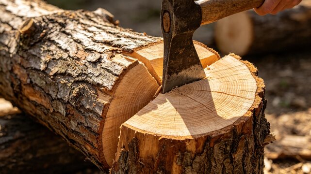 A wooden log cleanly split by an axe, revealing a fresh cross-section.