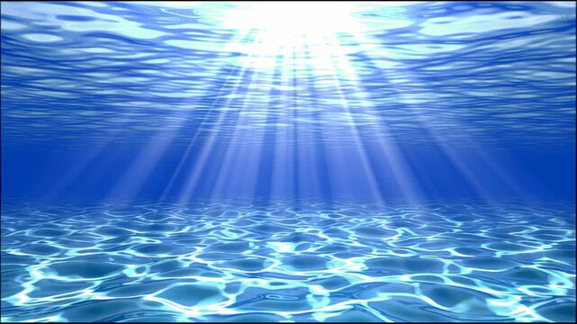 Sun rays penetrating deep blue water underwater background, abstract motion background for modern creative design