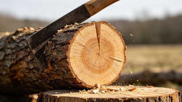 A wooden log cleanly split by an axe, revealing a fresh cross-section.
