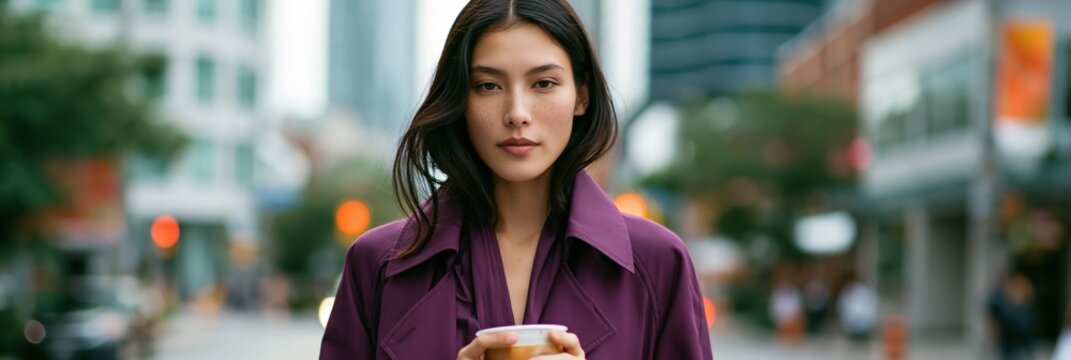 Young woman holding coffee cup on urban street background in purple coat for lifestyle banner, social media header and portrait background for website use