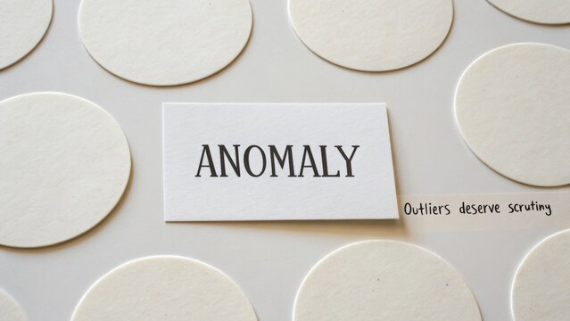 Card displaying the word anomaly among round shapes, emphasizing the importance of scrutiny for outlier situations