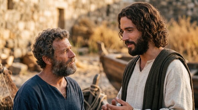 Jesus talking to Peter in Capernaum about the temple tax. Biblical scene depicting the Savior instructing his disciple to catch a fish containing a stater coin. Faith and religion.