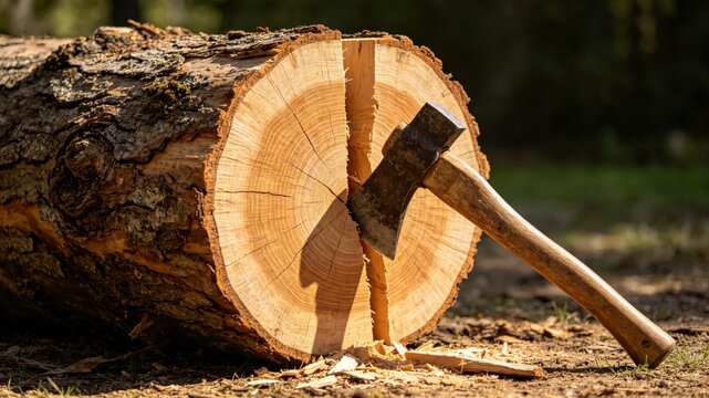A wooden log cleanly split by an axe, revealing a fresh cross-section.