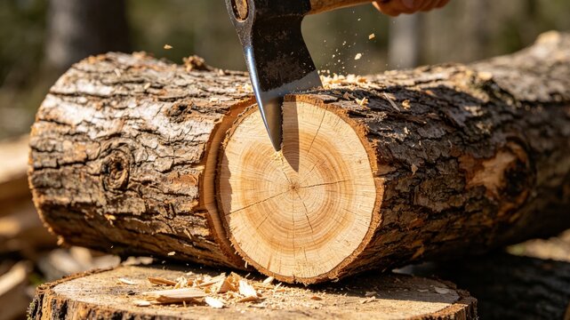 A wooden log cleanly split by an axe, revealing a fresh cross-section.