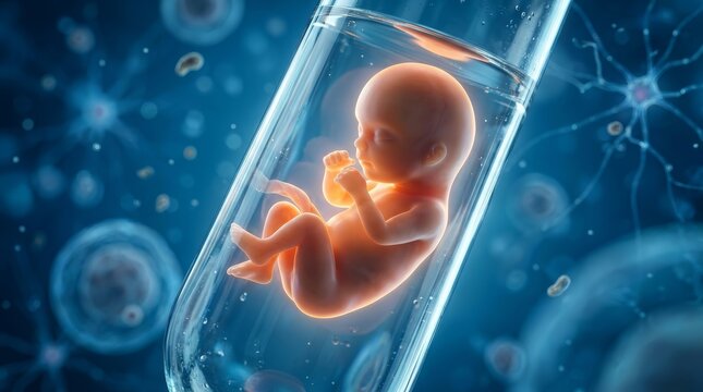 IVF technology concept featuring a realistic fetus in a test tube for reproductive health studies.