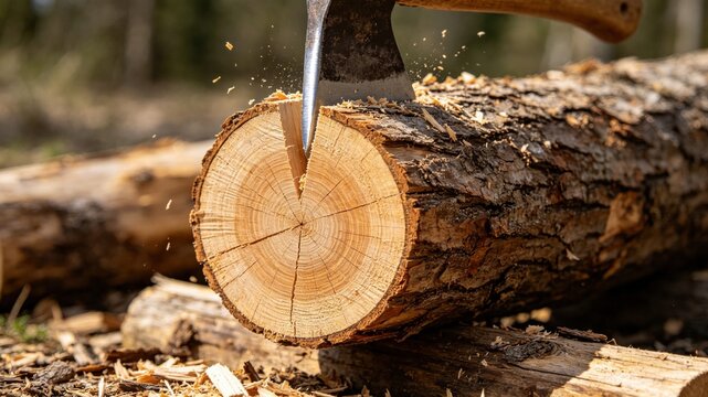 A wooden log cleanly split by an axe, revealing a fresh cross-section.