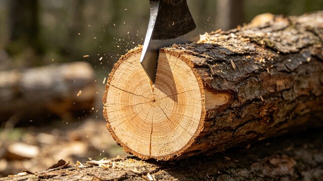 A wooden log cleanly split by an axe, revealing a fresh cross-section.