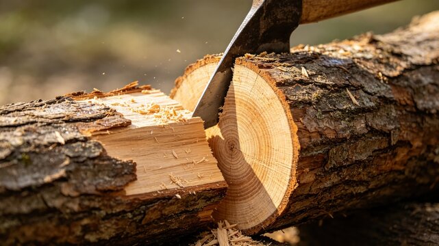A wooden log cleanly split by an axe, revealing a fresh cross-section.