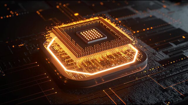 Close up of electronic circuit board with glowing chip, digital technology and data network concept background