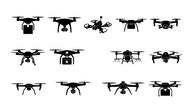 Flying Delivery Drone Silhouette Vector Icon Set with Quadcopter Camera Cargo Racing Agriculture and Logistics Aircraft Collection