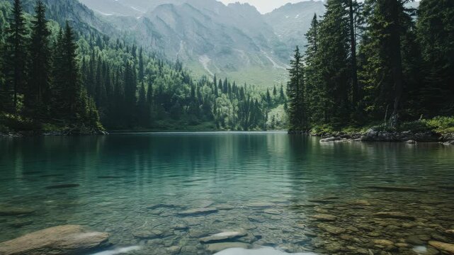 Clear lake reflects calm mountains and dense pine forests. Shallow water reveals smooth stones beneath the surface. Trees stand tall along the lake's quiet shoreline