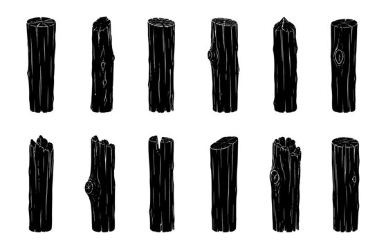 Wooden fence post silhouette set in black featuring twelve unique weathered timber posts with rustic textures and natural wood shapes