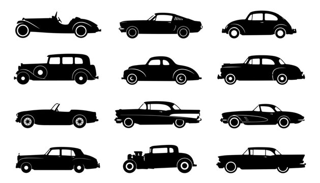 Classic car silhouette set in black featuring twelve unique vintage automobiles with timeless retro styling for automotive
