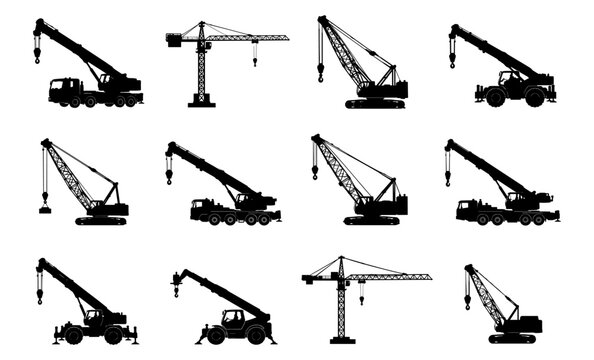 Crane silhouette set in black featuring twelve unique lifting machines including mobile crawler and tower cranes for construction