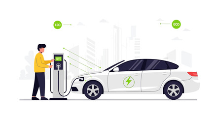 Naklejka premium Man charging electric car at charging station in modern city, eco friendly transport