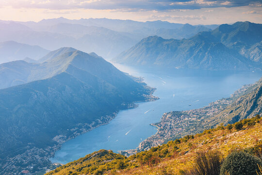 Adriatic Sea panorama, overlooking the historic towns, coastline, and surrounding mountains in Montenegro
