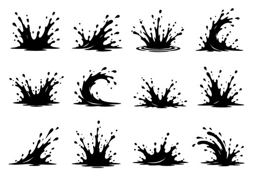 Water splash silhouette set in black featuring twelve unique liquid splash shapes with dynamic droplets and flowing motion
