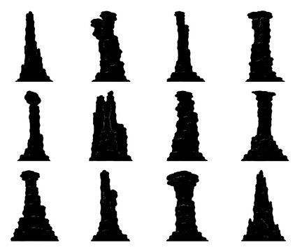 Stone pillar silhouette set in black featuring twelve unique towering rock columns with rugged geological formations for landscape