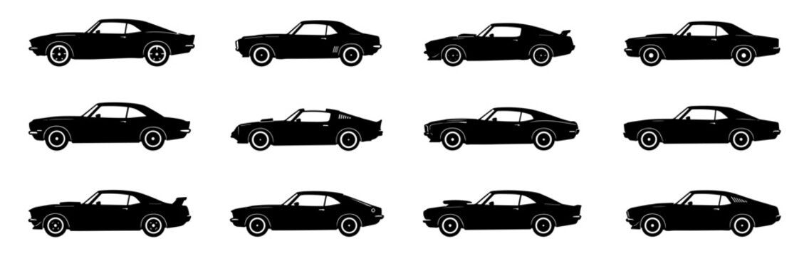 Classic muscle car silhouette set in black featuring twelve unique vintage performance automobiles with iconic retro styling for automotive