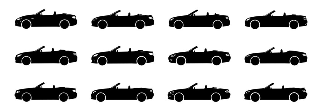 Convertible car silhouette set in black featuring twelve unique open top automobiles with elegant body lines and stylish driving designs