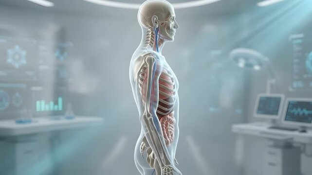 Futuristic medical visualization showing human anatomy with internal organs and skeletal system in a high-tech laboratory setting